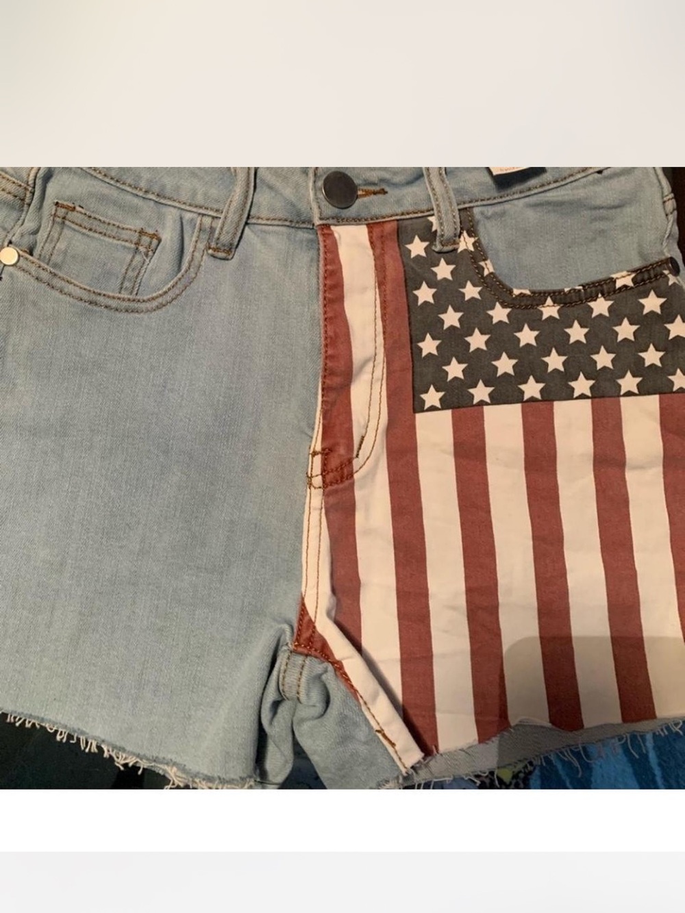 Francesca's Collections Light Wash Denim Shorts with American Flag Panel